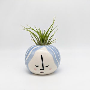 May include: A white ceramic planter shaped like a face with blue and white stripes. The planter has a small air plant growing out of the top.