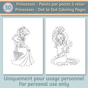 K&ouml;nnte beinhalten: Zwei Schwarzwei&szlig;-Malvorlagen zum Verbinden der Punkte mit Prinzessinnen. Die erste Seite zeigt eine Prinzessin, die auf einem Thron sitzt und ihre Haare offen tr&auml;gt. Die zweite Seite zeigt eine Prinzessin, die mit hochgesteckten Haaren und einer B&uuml;rste in der Hand sitzt. Der Text "Princesses - Points par points &agrave; relier" und "Princesses - Dot to Dot Coloring Pages" befindet sich oben auf der Seite. Der Text "Uniquement pour usage personnel" und "For personal use only" befindet sich unten auf der Seite.