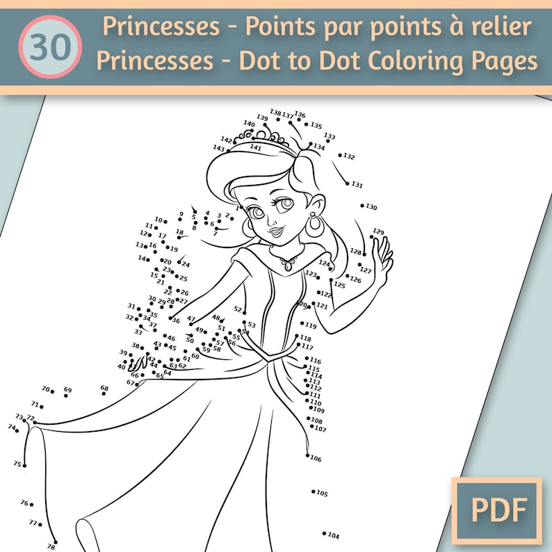 K&ouml;nnte beinhalten: Eine Schwarz-Wei&szlig;-Malvorlage zum Verbinden der Punkte mit einer Prinzessin in einem Kleid. Die Seite ist von 1 bis 143 nummeriert. Der Titel der Seite lautet "Prinzessinnen - Punkt-zu-Punkt-Malvorlagen" und die Zahl 30 befindet sich in einem rosa Kreis oben links. Die Seite enth&auml;lt auch das Wort "PDF" unten rechts.
