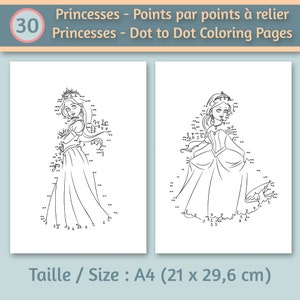 K&ouml;nnte beinhalten: Zwei schwarz-wei&szlig;e Punkt-zu-Punkt-Malvorlagen mit Prinzessinnen in Kleidern. Die Seiten sind mit "Princesses - Dot to Dot Coloring Pages" und "Taille / Size: A4 (21 x 29,6 cm)" beschriftet.