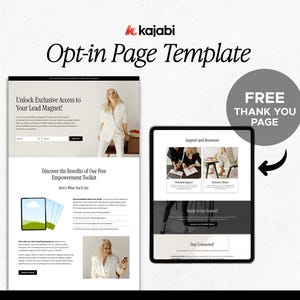 Puede incluir: Una captura de pantalla de una plantilla de página de suscripción para un sitio web. La página presenta un fondo blanco con texto e imágenes en negro. El texto incluye las palabras "Unlock Exclusive Access to Your Lead Magnet!" y "Discover the Benefits of Our Free Empowerment Toolkit". La imagen muestra a una mujer con un atuendo blanco de pie frente a una ventana. La página también incluye un formulario para que los visitantes se registren para el imán de clientes potenciales.