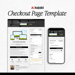 Puede incluir: Maqueta digital de una plantilla de página de pago, que muestra un diseño de sitio web en una computadora portátil, una tableta y un teléfono. La plantilla incluye secciones para detalles de la oferta, precios e información de contacto. El logotipo de Kajabi está en la parte superior.