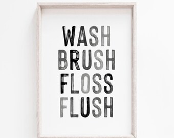 Wash brush floss flush printable, boys bathroom print, kids bathroom wall art,, Kids Bathroom Decor, Children's Bathroom Art