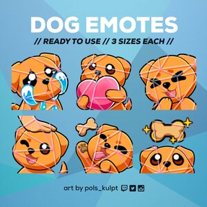 Dog Twitch Emotes for streamers // Orange // Cry, Heart, Laugh, Pets, Play, and Treat