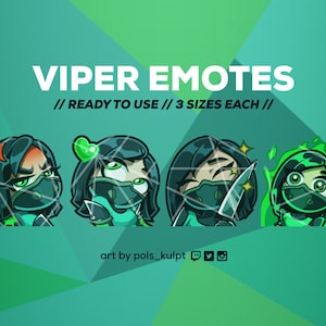 May include: Four digital illustrations of a cartoon character with green hair and a green mask. The character is in different poses, including angry, smiling, holding a knife, and with green flames around her head. The text "VIPER EMOTES // READY TO USE // 3 SIZES EACH //" is at the top of the image. The text "art by pols_kulpt" is at the bottom of the image.