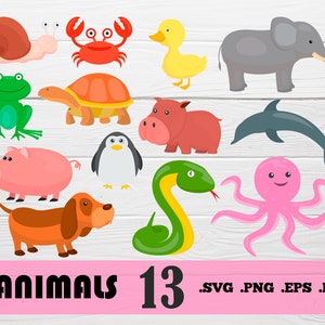 Puede incluir: Un conjunto de 13 ilustraciones de animales coloridos, que incluyen un caracol, un cangrejo, un pato, un elefante, una rana, una tortuga, un cerdo, una serpiente, un pulpo, un delfín, un pingüino y un hipopótamo. Las ilustraciones son de estilo de dibujos animados y son perfectas para usar en libros para niños, manualidades u otros proyectos creativos.