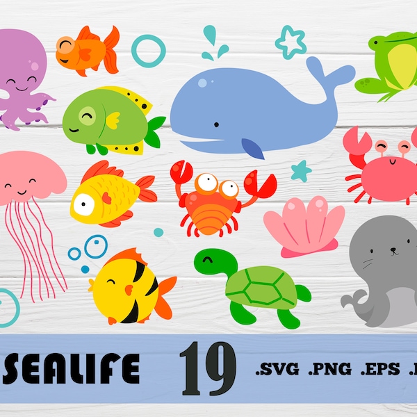 Sealife svg,Sea Animal Files, Sea Animal SVG, Sea Animal Clip Art, Cute Ocean Animals, Baby Ocean Animal SVG, Ocean Animal,print file,svg