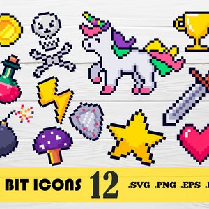 8 Bit-Symbole Svg, Pixel-Symbole, Herz-Pixel, Stern-Symbol, Einhorn-Pixel-Symbol, Herz-Symbol, Spiel-Pixel-Symbole, Spiel 8 Bit-Symbol, Svg-Datei, Druck-Datei