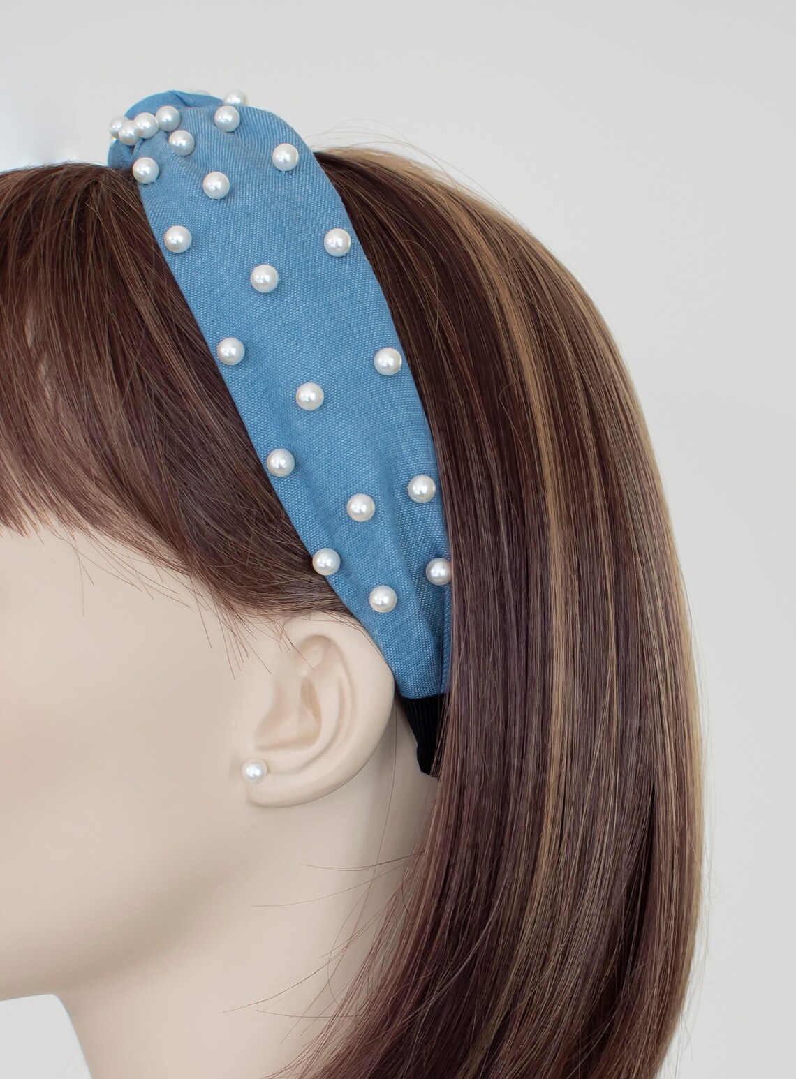 Denim Top Knot Headband Pearl Denim Pearl Headband Modern Etsy UK