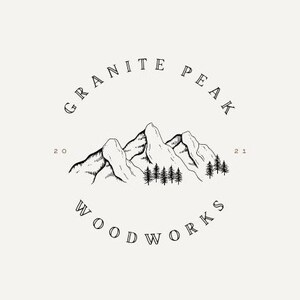 May include: Black and white logo design featuring a mountain range with a forest of trees in the foreground. The text "Granite Peak Woodworks" is written in a circular arc around the mountain range. The years "20" and "21" are written on either side of the mountain range.