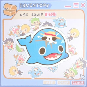 May include: A light blue sticker of a whale with a pirate hat and skull design, surrounded by various cartoon character stickers. The image has a light blue background with the word "INVENTORY" at the top.