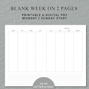 Blank Week on 2 Pages Printable Planner Pages Perfect for | Etsy
