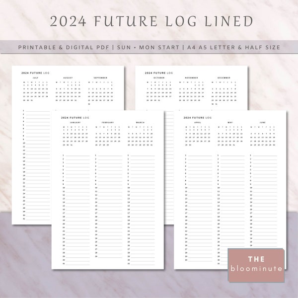 Toekomstig logboek 2024, jaaroverzicht, jaar op 4 pagina's, minimalistische Bullet Journal-inserts, A4, A5, Letter, Half, afdrukbaar en digitaal