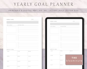 Planificador de objetivos anuales imprimible / A4, A5, Carta, Media letra / Rastreador de objetivos de un año / Organizador de tareas mensuales / Inserto de configuración de objetivos sin fecha