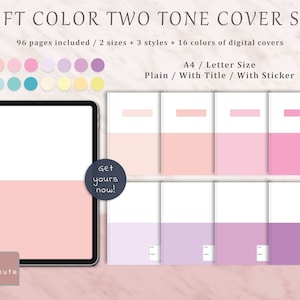 Könnte beinhalten: Ein Set mit digitalen Planer-Covern mit 16 verschiedenen zweifarbigen Farbkombinationen. Die Cover sind in den Formaten A4 und Letter erhältlich und haben drei Stile: schlicht, mit Titel und mit Aufkleber. Der Text "Get yours now!" befindet sich auf einem Kreis im Bild. Der Text "THE bloominute" befindet sich am unteren Rand des Bildes.