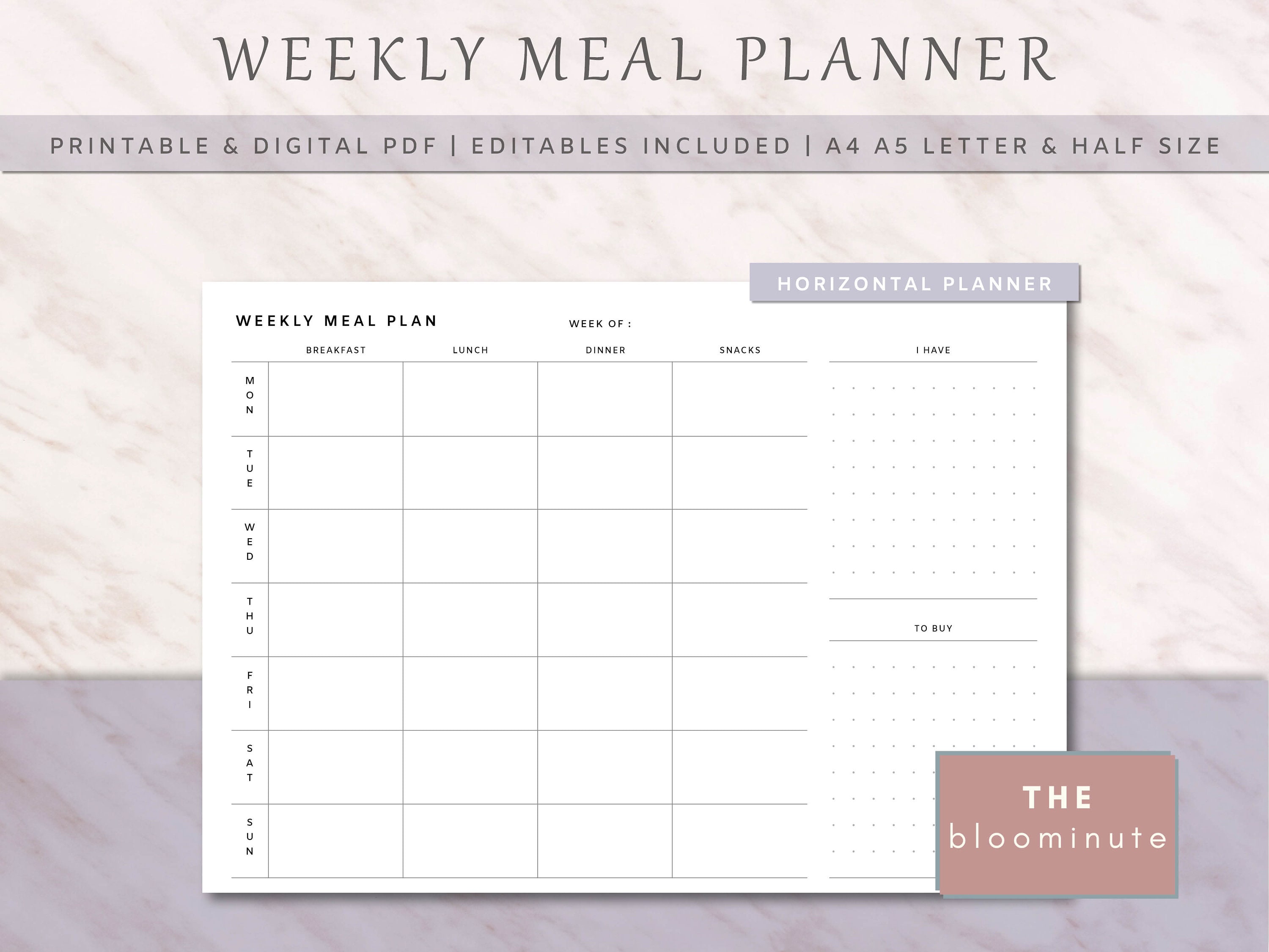 Editable Weekly Meal Planner Horizontal & Vertical Style A4 A5 US ...