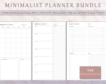 Minimalist Planner Bundle, Monthly, Weekly, Daily on 1 Page, A4, A5, Letter, Half Letter, PDF, Printable & Digital, Goodnotes, reMarkable 2