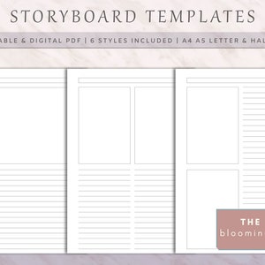 May include: A printable storyboard template with six different styles. The template is designed for use with A4, A5, Letter, and Half Letter sized paper. The template includes a title bar, a section for drawing or adding images, and a section for writing notes.