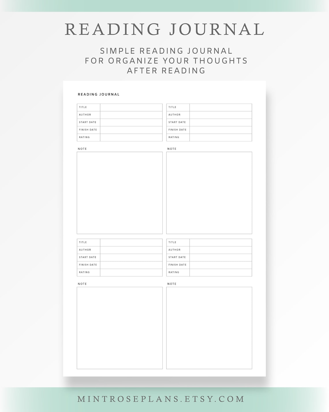 Reading Journal Printable PDF For Starters After Reading | Etsy