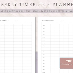 May include: A printable weekly time block planner with a grid layout for scheduling daily activities. The planner is designed for a Sunday start and includes a section for each day of the week, from Sunday to Saturday. The planner is available in A4, A5, and letter sizes.