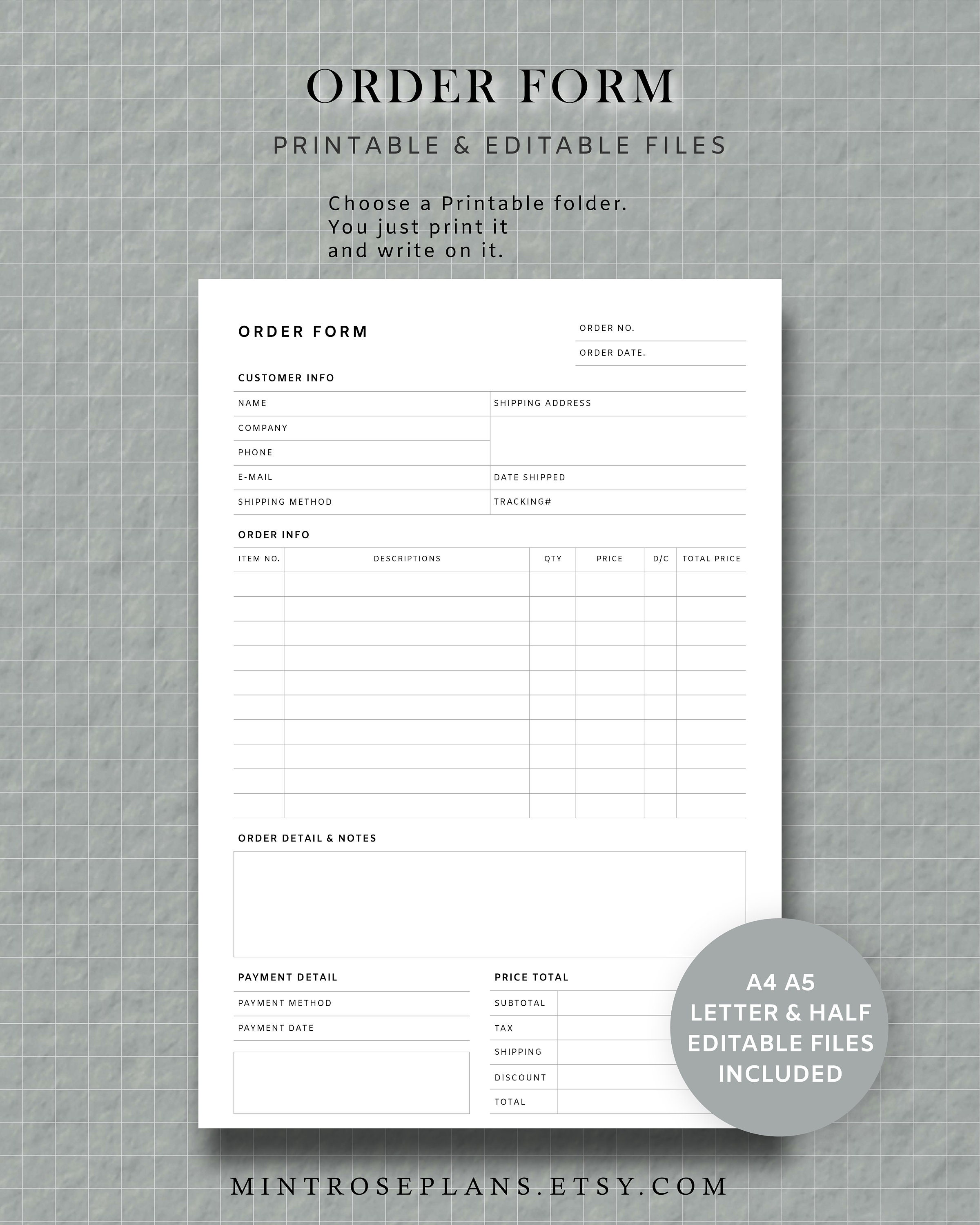 Editable Order Form Template PDF Small Business Order Form | Etsy