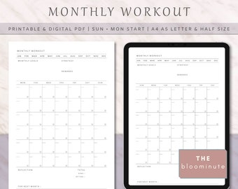 Monthly Workout Planner Printable | Workout Routine Planner Undated | A4 A5 US Letter, Half Letter | Minimalist Monthly Workout Planner