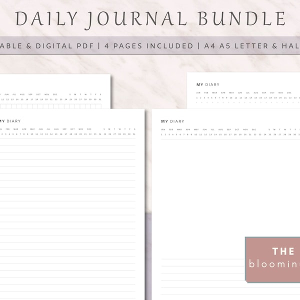 Printable & Digital Day Reflection Journal Pages, Lined, Dot Grid, Graph, Drawing Note, Daily Bullet Journal Pages, A4, A5, Letter, Half