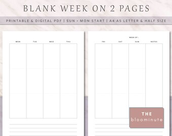 Blank Week on 2 Pages Printable Planner Pages, Perfect for Planning, A4, A5, Letter, Half, Weekly Agenda, Minimalist Weekly Planner, PDF
