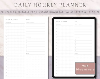 Editable Daily Hourly Planner For Productivity | Scheduler Paper | Binder Insert A4 A5 Letter, Half | Bullet Journal | Day Organizer PDF