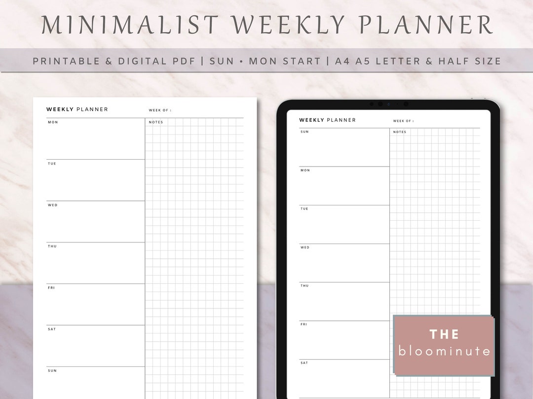 Minimalist Weekly Planner Printable PDF, Week on 1 Page Simple Style ...