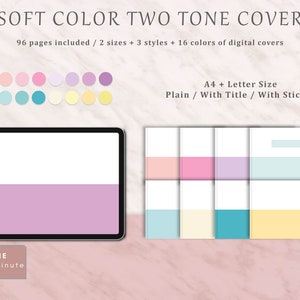 May include: A digital planner cover with a two-tone design. The cover is divided in half, with the top half being white and the bottom half being a light purple. The cover is shown on a tablet screen. There are also nine different color variations of the cover shown on the right side of the image. The text "A4 + Letter Size" and "Plain / With Title / With Sticker" is shown at the top of the image.