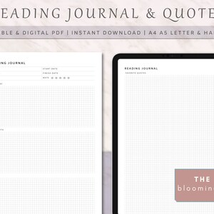 Reading Journal Templates for Book Lovers with Favorite Quotes | A4 A5 Letter & Half PDF | Reading Journal Planner Refills with Grids
