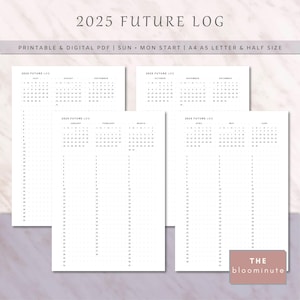 2025 Future Log Printable, Yearly Overview, Year on 4 Pages, Minimalist Bullet Journal Inserts, A4, A5, Letter, Half, Printable & Digital