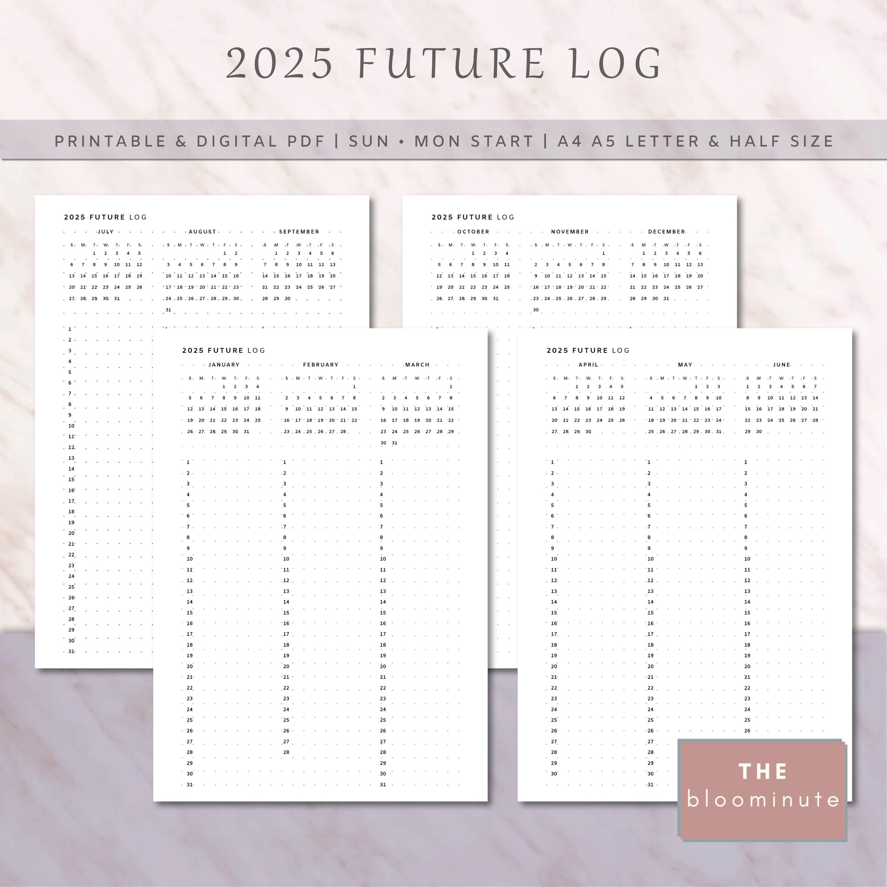 2025 Log 2025 Future Log Printable, Yearly Overview, Year on 4 Pages, Minimalist ...