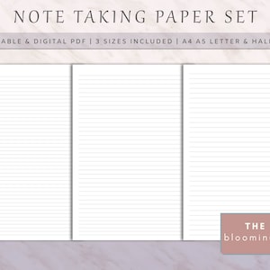 May include: A set of three printable note taking papers in A4, A5, and half size. The papers have lined pages and are perfect for taking notes, journaling, or making lists.