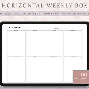 Landscape Weekly Planner Pages, Minimalist Weekly Boxes, A4, A5, US Letter, Weekly Overview, Printable Planner Insert, Horizontal, PDF