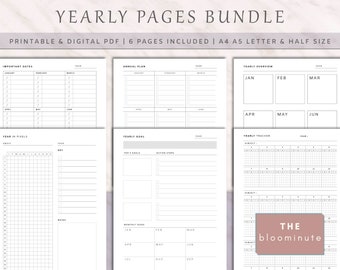 May include: A printable and digital PDF bundle of 6 yearly planner pages. The pages include sections for important dates, annual plan, yearly goal, yearly overview, and yearly tracker. The pages are designed in a minimalist style with black text and lines on a white background.