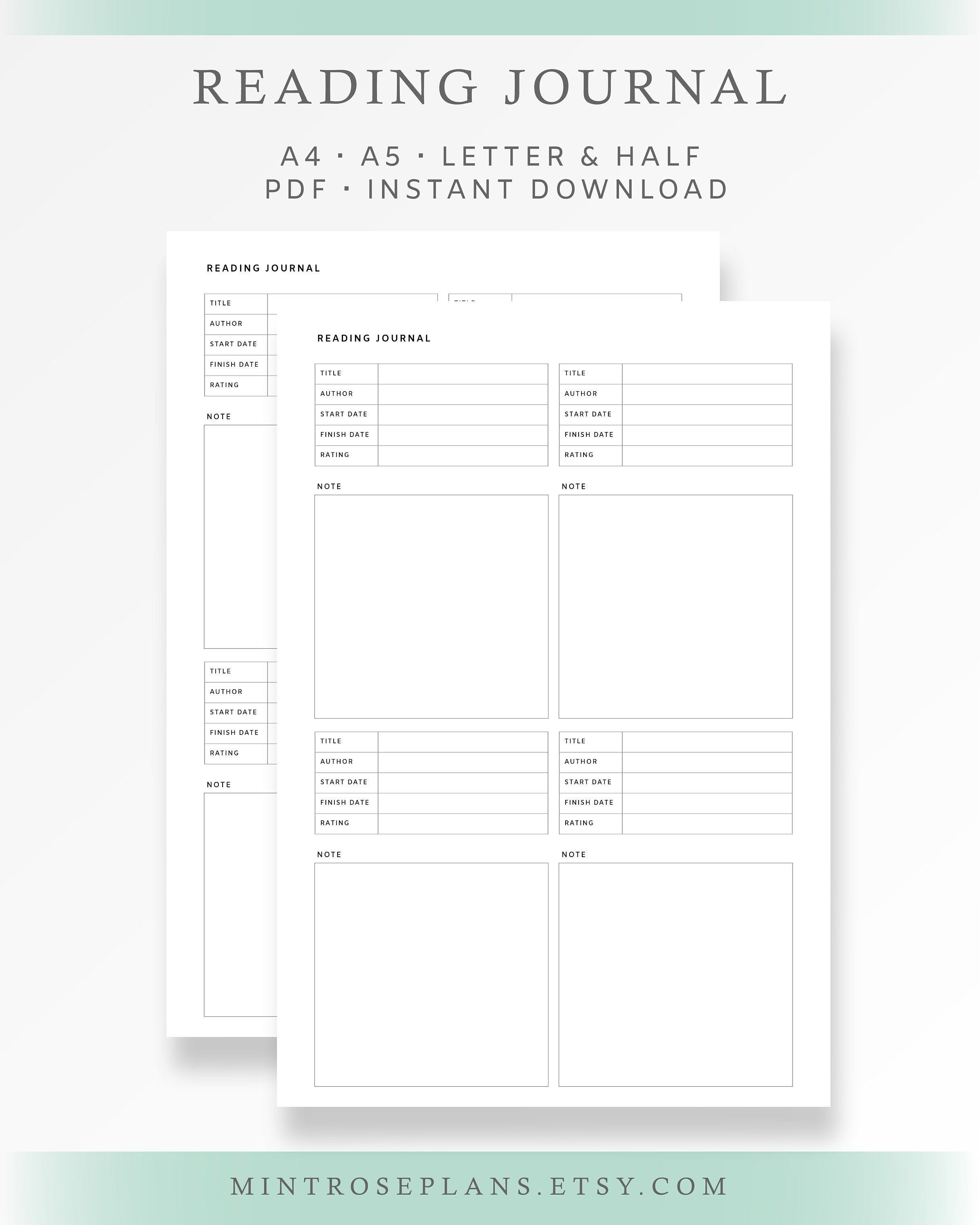 Reading Journal Printable PDF For Starters After Reading | Etsy