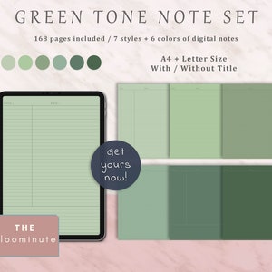 168 Green Color Digital Note Taking Template, Dot, Graph, Lined, Cornell, Blank, Goodnotes, Notability, Xodo, A4 & US Letter, PDF, Vertical