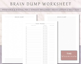 May include: A printable brain dump worksheet with three pages, including a gridded page, a task triage page, and a blank page. The worksheet is designed for brainstorming and organizing ideas and tasks.