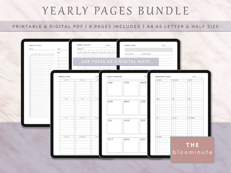 Printable Yearly Pages Bundle A4, A5, Letter & Half Year-long Planner ...
