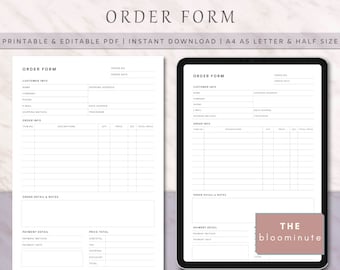 May include: A printable order form template with sections for customer information, order details, and payment information. The form is designed for use with a tablet or computer.