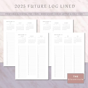 2025 Future Log Lined, Yearly Overview, Year on 4 Pages, Minimalist Bullet Journal Inserts, A4, A5, Letter, Half, Printable & Digital