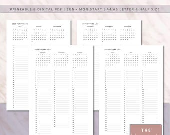 2025 Future Log Lined, Yearly Overview, Year on 4 Pages, Minimalist Bullet Journal Inserts, A4, A5, Letter, Half, Printable & Digital