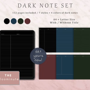 May include: A set of 112 dark note pages in 7 styles and 4 colours. The pages are available in A4 and Letter sizes with or without a title. The image shows a black page with lines and the text "Get yours now!" in white.