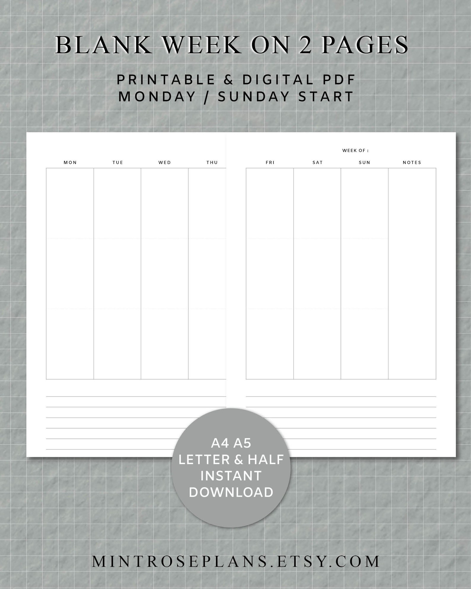 Blank Week on 2 Pages Printable Planner Pages Perfect for | Etsy