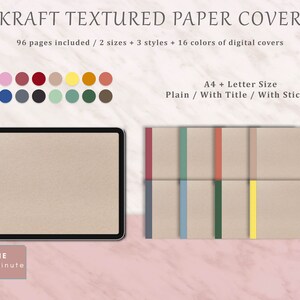 May include: A digital paper cover set with 96 pages in two sizes, A4 and Letter. The covers are available in 16 colors and three styles: plain, with title, and with sticker. The image shows a preview of the covers with a kraft paper texture.