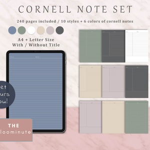 Puede incluir: Una ilustración digital de un conjunto de notas Cornell con 240 páginas, 10 estilos y 6 colores. La imagen muestra una tableta que muestra una página de nota Cornell azul con el texto "Get yours now!" y "THE bloominute". La imagen también muestra seis páginas de notas Cornell diferentes en varios colores, incluidos verde, gris, blanco, beige y morado.