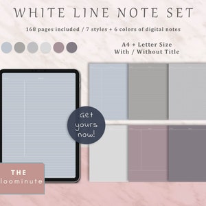 May include: A digital note set with 168 pages, 7 styles, and 6 colors. The set includes A4 and Letter size pages with and without titles. The image shows a preview of a light blue lined page with the text "Get yours now!" and "THE bloominute".