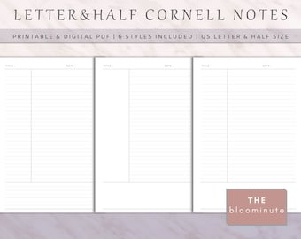 Ink Friendly Printable Cornell Note Kit | Lecture Note For School, College Student | Letter & Half PDF Instant Download | Notebook Paper